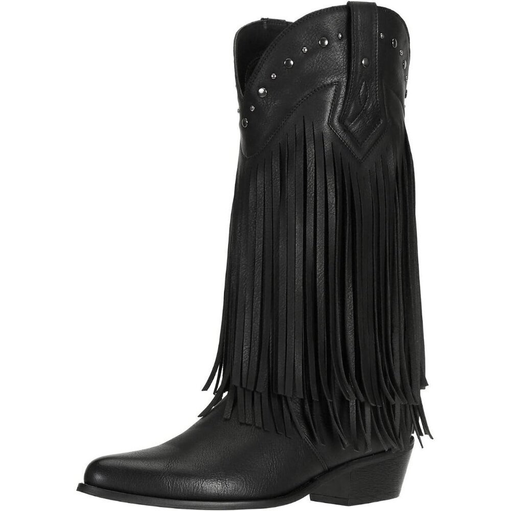 Women's Black Cow Girl Block Heel Calf High Faux Suede Western Boots Shoes
